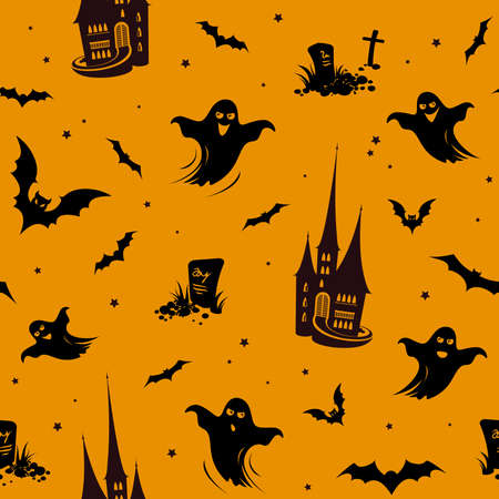 Seamless pattern - castles, ghosts, bats isolated on orange background. Halloween illustration.のイラスト素材