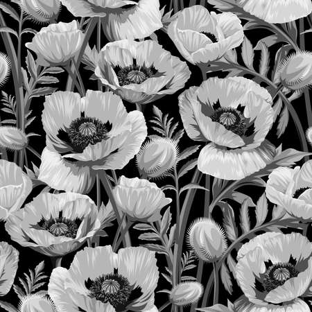 Seamless pattern with gray Common Poppy (Papaver rhoeas) flowers isolated on black background.のイラスト素材