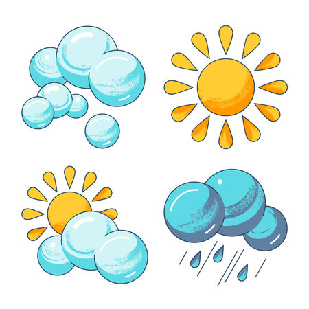 Bright icons - sun, cloud, rain isolated on white background. Colorful cartoon Illustrations of weather.のイラスト素材