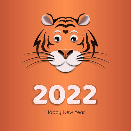 Banner - Chinese Happy new year 2022. Template image with cute tiger face isolated on orange background. Lunar horoscope sign tiger.のイラスト素材