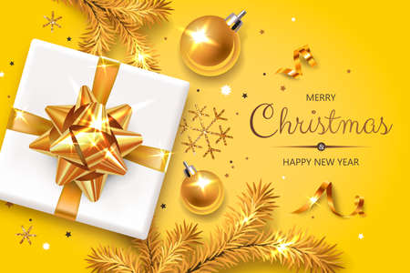 Horizontal banner with gold Christmas symbols and text. Christmas tree, gift, serpentine and snowflakes on yellow background.のイラスト素材
