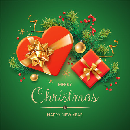 Square banner with Christmas symbols and text. Christmas tree, gifts, balls, decoration and other festive elements on green background.のイラスト素材