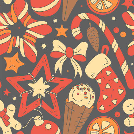 Seamless pattern with Christmas symbols isolated on gray background. Colorful template of background for holidays.のイラスト素材
