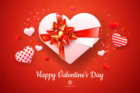 Horizontal Valentine's Day greeting card template. White gift box isolated on red background. Symbols of holiday - hearts, red and gold ribbons and tinsel.のイラスト素材