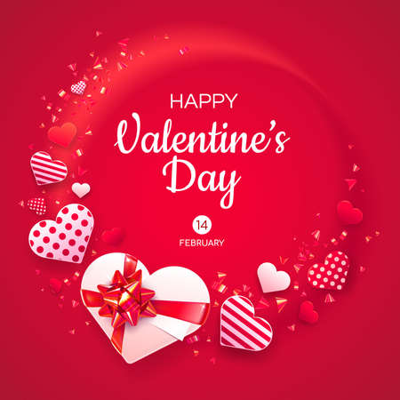 Horizontal Valentine's Day greeting card template. White gift box isolated on red background. Symbols of holiday - hearts, red and gold ribbons and tinsel.のイラスト素材