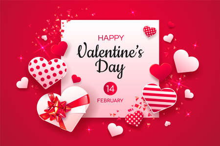 Horizontal Valentine's Day greeting card template. Frame with white and red gift boxes isolated on red background. Symbols of holiday - hearts.のイラスト素材
