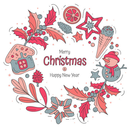 Frame with Christmas symbols isolated on white background. Colorful illustrations for holidays.のイラスト素材
