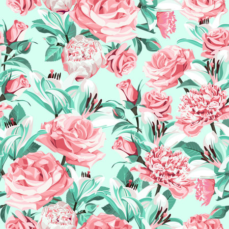 Seamless pattern. Vintage floral background with pink Roses, Peonies and white Lilies. spring pastel illustration.のイラスト素材
