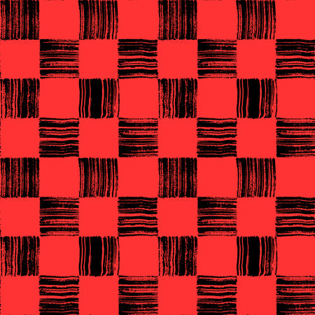 A seamless pattern with black squares isolated on a red background. hand drawn illustration. Abstract texture with grid. grunge style.のイラスト素材