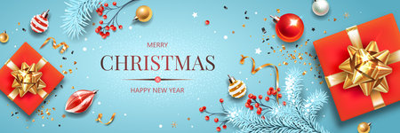 Horizontal banner with red and gold Christmas symbols and text. Christmas tree, gifts, golden tinsel confetti and snowflakes on blue background. Header for website template.のイラスト素材