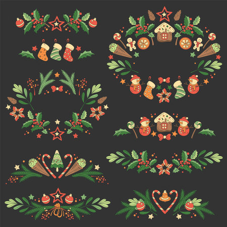 Decorative borders from Christmas tree branches, cookies, candy and balls isolated on a black background. Frame template with the symbols of the holiday.のイラスト素材
