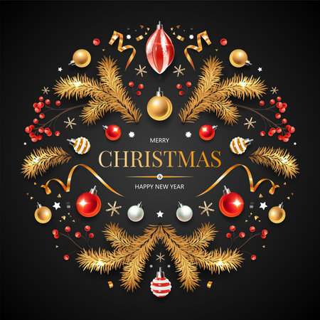 Square banner with red and gold Christmas symbols and text. Frame with Christmas tree, gifts, golden tinsel confetti and snowflakes on black background.のイラスト素材