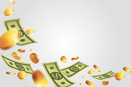 Banner with money - bank notes and gold coins isolated on light background. Illustration with place for text. Frame - swirl of bills.のイラスト素材