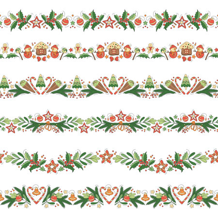 Decorative seamless borders from Christmas tree branches, cookies, candy and balls isolated on a white background. Frame template with the symbols of the holiday.のイラスト素材