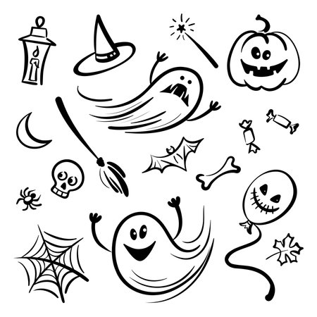 Set of cartoon halloween symbols. Pumpkin, ghosts, bat isolated on white background. Halloween illustration.のイラスト素材