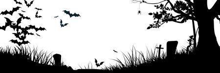 Halloween banner with black bats on the white background, Illustration with place for text.のイラスト素材