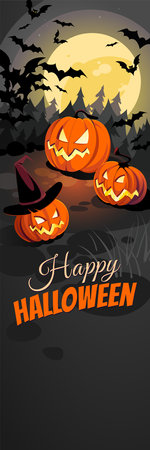 Halloween banner with traditional symbols. Pumpkins and bats on black Moon background, illustration.のイラスト素材