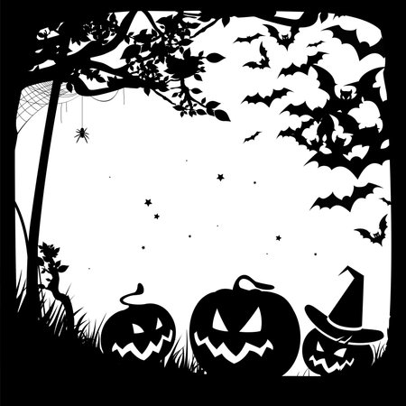 Halloween banner with black pumpkins and bats on the white background, Illustration with place for text.のイラスト素材