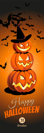 Halloween banner with traditional symbols. Pumpkins and bats on the orange background, illustration.のイラスト素材