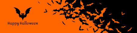Halloween banner with black bats on the orange background. Illustration with text.のイラスト素材