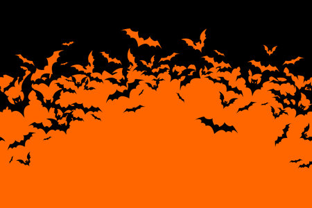 Halloween banner with black bats on the orange background. Illustration with text.のイラスト素材
