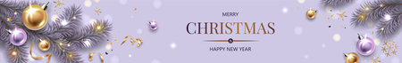 Horizontal banner with gold, purple Christmas symbols and text. Christmas tree, balls, golden tinsel confetti and snowflakes on light. Luxury background.のイラスト素材