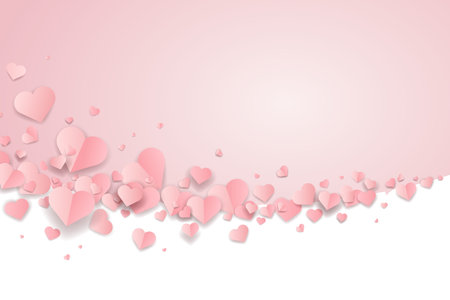 Horizontal Valentine's Day greeting card template. Frame with white and pink objects on the white background. Symbols of holiday - hearts.のイラスト素材