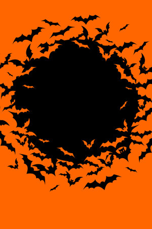 Vertical Halloween banner with black bats on the orange background. Illustration with text.のイラスト素材