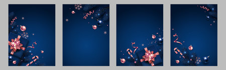 Banner with pink and blue Christmas symbols and text. Christmas tree, balls, tinsel confetti and...