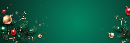 Horizontal banner with gold, green and red Christmas symbols and text. Christmas tree, balls, golden tinsel confetti and snowflakes on a green background. Luxury background.のイラスト素材