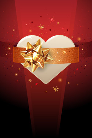 Square banner with gold and white Christmas symbols and place for text. Christmas gift and golden ribbon on a red background.のイラスト素材
