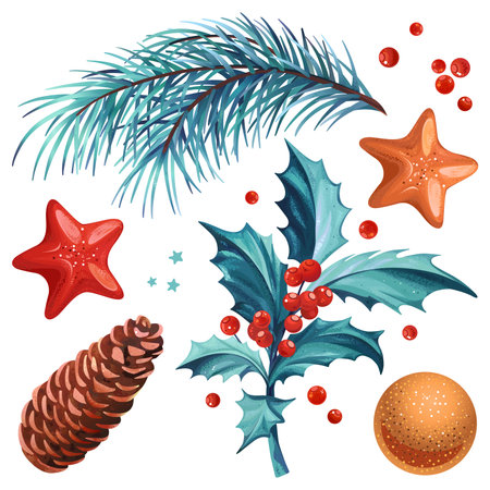 Frame with Christmas decoration - Holly leaves, fir tree with cones and stars, balls on a beige background.のイラスト素材
