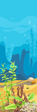 Vector ocean world. Exotic seascape with seaweeds and corals. Aquatic ecosystem. Illustration of underwater life. Undersea bottom.のイラスト素材