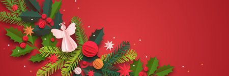 Paper cut template. Christmas vector greeting card. Christmas tree, balls, and a decor isolated on a red background. Winter frame for holidays with place for text.のイラスト素材