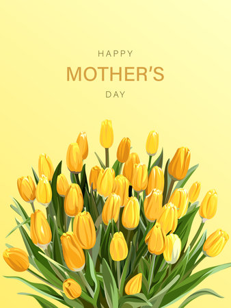 A wicker baskets with a bouquet of flowers isolated on a light background. Yellow Tulips. Banner for Mother's Day.のイラスト素材