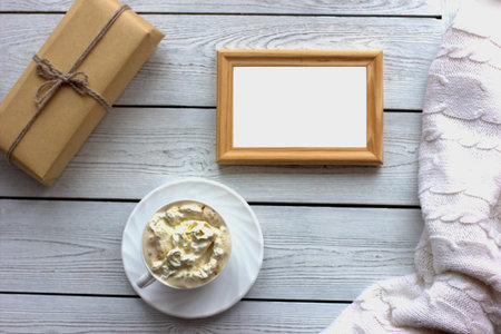 Zero waste eco gift bag. Hygge coffee mockup. Simple design white knitted blanket. Copyspase for...