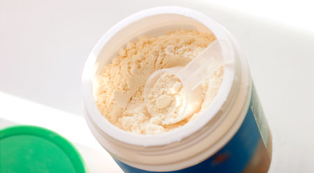 scoop of fish collagen. collagen peptides in container or jar. Copy space for text. Healthcare...