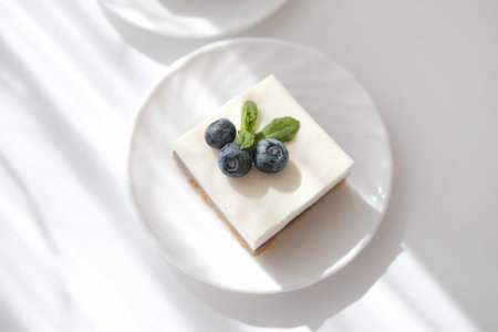 piece of delicious no bake cheesecake with fresh blueberry, selective focus, traditional homemade...