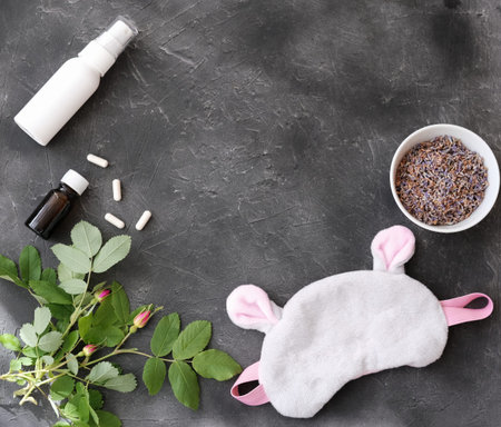 different types of good sleep helpers. melatonin in a spay and melatonin capsules, calming lavender...