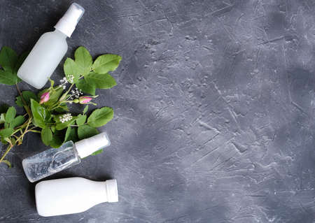 collagen peptides in different cosmetic forms. collagen lotion, peptide gel and lifting lotion on black background. cosmetic products in white bottles. collagen cream for skin care. flat lay top view.の写真素材