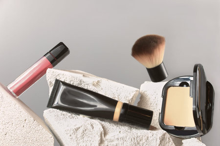 set of professional cosmetic, christmas gift. Face powder, foundation. lip gloss and brush on natural stones background.の写真素材