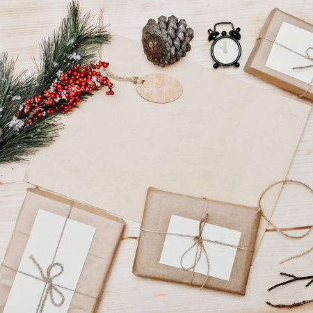 Zero waste Christmas flat lay. stylish simple christmas gifts in craft paper on rustic white table...