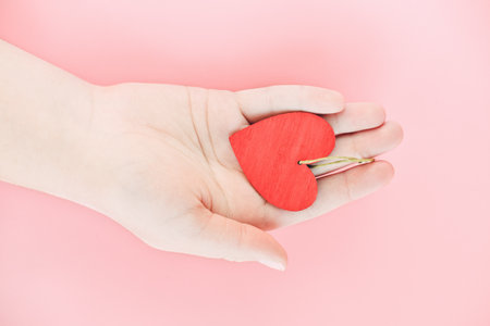 female hand holding wooden heart. red heart as a symbol of valentines day, charity or donation. health care, love and support, organ donation, family insurance.の写真素材