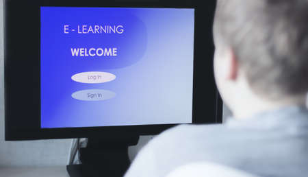 e-learning word on pc screen. Online education concept, distance courses or webinar log in page.の写真素材