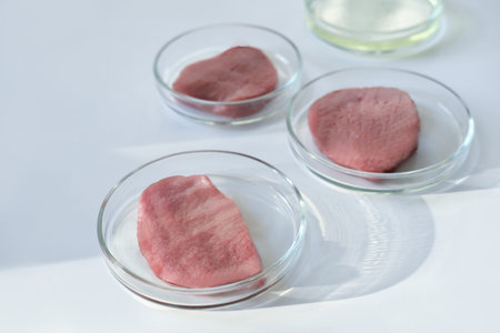 lab gown meat in a Petri dish. Meat in glass cell culture dish. in vitro cultured flesh. animal...