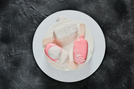 top view of homamade coconut and creamcheese cake. low carb meal. gluten free baking. dacorated cake on gray background.の写真素材