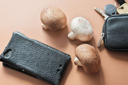 mycelium leather, bio based sustainable alternative fiber made of mushrooms. plant fibres textile. eco biodegradable vegan leather key holder and phone case. beige backgroundの写真素材