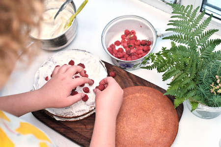 teenager girl making cake filling with cream and fresh berries. crop view. home baking and hobby for teens. birthday layered cake decoration.の写真素材