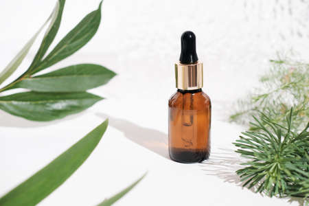 natural essential oil in an amber glass bottle with dropper. green leaves background. beauty care, anti wrinkle serum or oil for skin rejuvenation and smoothness.の写真素材