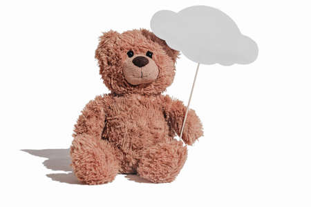 teddy bear sitting on a white background and holding a message cloud on a stick. copy space for text. kids mockup bubble ot template for inscriptionの写真素材